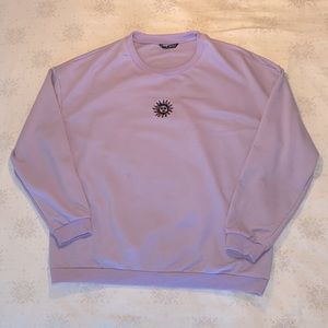 lavender, embroidered sun, crew neck sweater